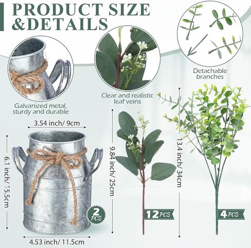 2 Pcs Metal Flower Vase Farmhouse Rustic Galvanized Metal Milk Can Vase with 4 Pcs Artificial Eucalyptus Leaves 12 Pcs Fake Seeded Eucalyptus Leaves for Wedding Table Centerpiece Decorations in Saudi Arabia