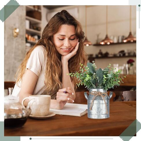 2 Pcs Metal Flower Vase Farmhouse Rustic Galvanized Metal Milk Can Vase with 4 Pcs Artificial Eucalyptus Leaves 12 Pcs Fake Seeded Eucalyptus Leaves for Wedding Table Centerpiece Decorations in Saudi Arabia