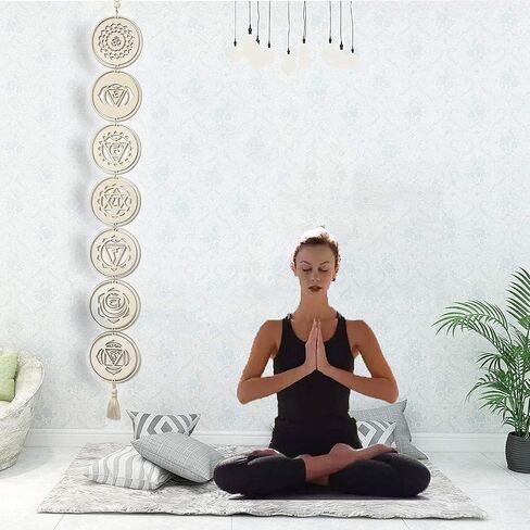 Putdigei 5.9" 7 Chakra Decor Set, Wood Meditation Hanging Decorative, Sacred Geometry Wall Art, Yoga Wooden Grid Art Symbol for Bedroom, Home, Apartment, Living Room, Spiritual Gifts in Saudi Arabia
