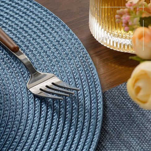 FunWheat Round Braided Placemats Set of 6 Table Mats for Dining Tables Woven Washable Non-Slip Place mats 15 inch for Summer(Blue, 6pcs) in Kuwait