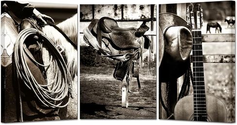 3 Pieces Retro Canvas Prints American West Rodeo Cowboy Wall Art Painting Brown Straw Hat on Leather Rancher Roper Boots and Guitar Picture on Canvas Artwork for Home Office 16x24inchx3pcs in Saudi Arabia