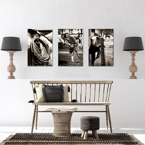 3 Pieces Retro Canvas Prints American West Rodeo Cowboy Wall Art Painting Brown Straw Hat on Leather Rancher Roper Boots and Guitar Picture on Canvas Artwork for Home Office 16x24inchx3pcs in Saudi Arabia