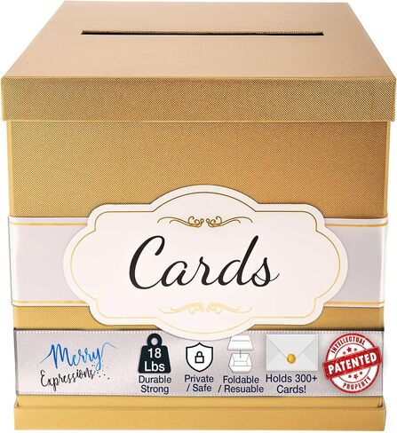 Merry Expressions Gift Card Box with 2 Black & White Ribbons in Gold Trim & Cards Label - 10"x10"x10" Large - for Weddings, Graduations, Birthdays or Baby Showers in Kuwait