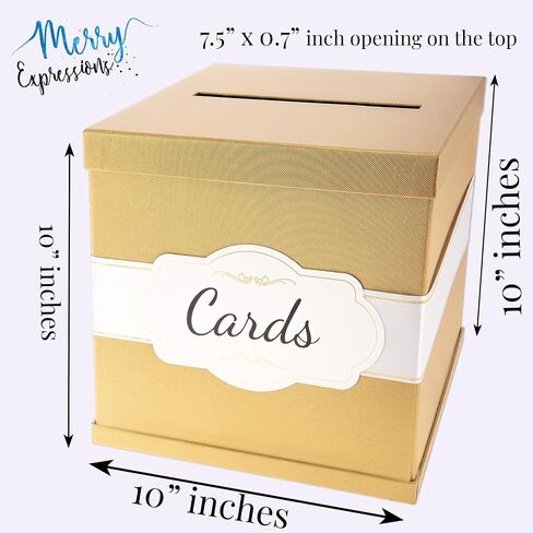Merry Expressions Gift Card Box with 2 Black & White Ribbons in Gold Trim & Cards Label - 10"x10"x10" Large - for Weddings, Graduations, Birthdays or Baby Showers in Kuwait