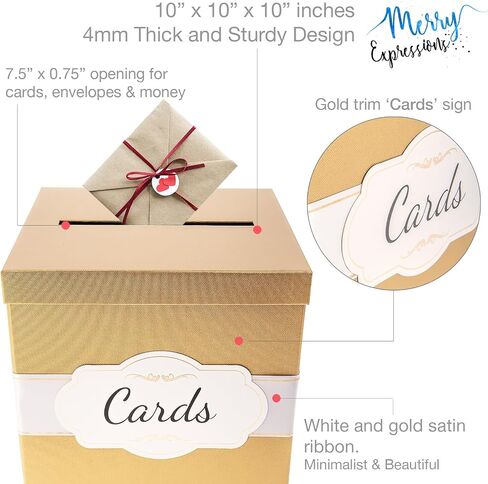 Merry Expressions Gift Card Box with 2 Black & White Ribbons in Gold Trim & Cards Label - 10"x10"x10" Large - for Weddings, Graduations, Birthdays or Baby Showers in Kuwait