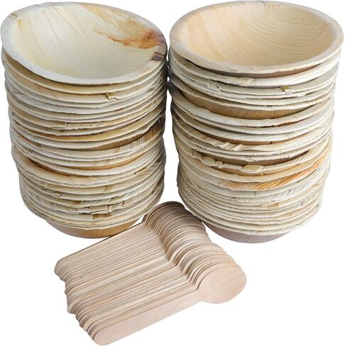 50 2oz Disposable Round Palm Cups - Bowls or Wood Bowls. Heavy Duty, 100% Compostable & Biodegradable Eco Friendly Party Ramekins (2 oz) in Saudi Arabia