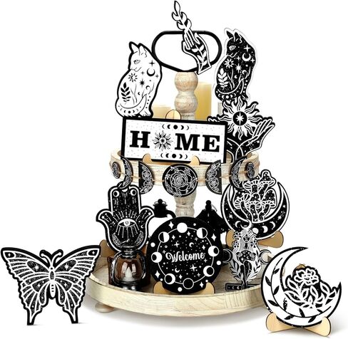 19 قطعة ديكور صينية متدرجة مجموعة خشبية القط فراشة القوطية بوهو القمر مراحل الساحرة طبقات صينية الزينة خمر مزرعة علامة المنزل ريفي أسود أبيض الخشب علامة لديكور المنزل الجدول in Kuwait