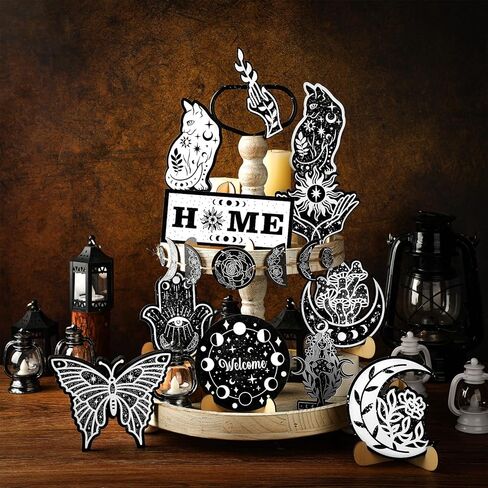 19 قطعة ديكور صينية متدرجة مجموعة خشبية القط فراشة القوطية بوهو القمر مراحل الساحرة طبقات صينية الزينة خمر مزرعة علامة المنزل ريفي أسود أبيض الخشب علامة لديكور المنزل الجدول in Kuwait