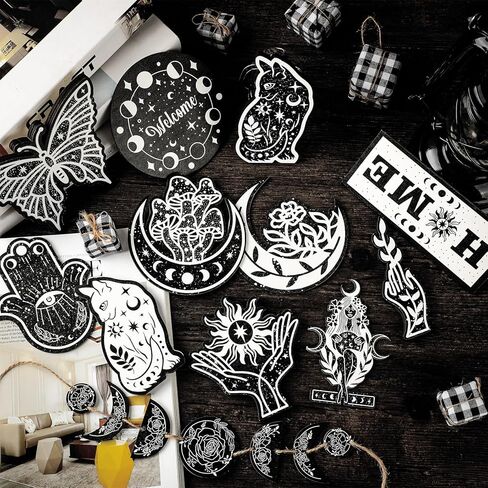 19 قطعة ديكور صينية متدرجة مجموعة خشبية القط فراشة القوطية بوهو القمر مراحل الساحرة طبقات صينية الزينة خمر مزرعة علامة المنزل ريفي أسود أبيض الخشب علامة لديكور المنزل الجدول in Kuwait