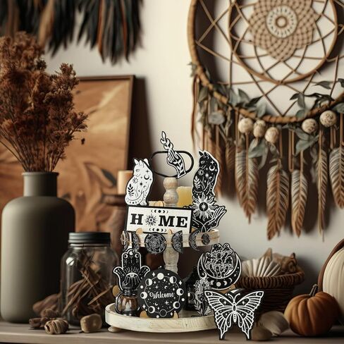 19 قطعة ديكور صينية متدرجة مجموعة خشبية القط فراشة القوطية بوهو القمر مراحل الساحرة طبقات صينية الزينة خمر مزرعة علامة المنزل ريفي أسود أبيض الخشب علامة لديكور المنزل الجدول in Kuwait