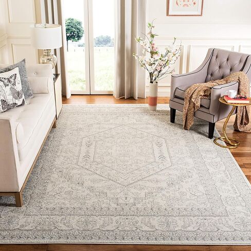 SAFAVIEH Adirondack Collection 6' Square Ivory / Silver ADR108B Oriental Medallion Non-Shedding Living Room Bedroom Dining Home Office Area Rug in Saudi Arabia