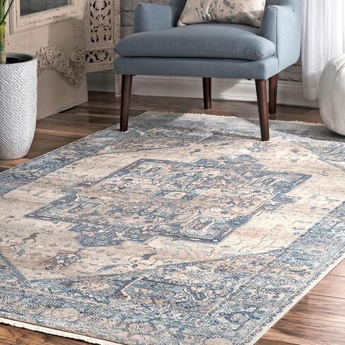 سجادة NuLOOM Harriet Vintage Medallion هامش المنطقة - 2x3 سجادة مميزة تقليدية باللون الأزرق الفاتح/متعددة الألوان لغرفة المعيشة وغرفة النوم وغرفة الطعام ومدخل المطبخ in Saudi Arabia