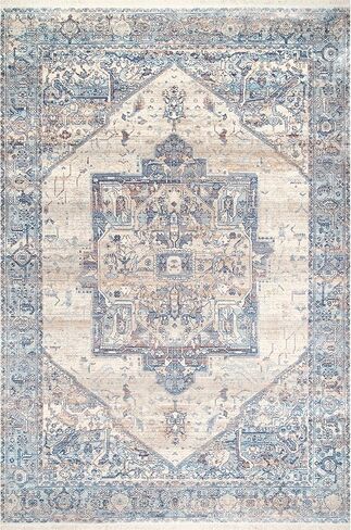 سجادة NuLOOM Harriet Vintage Medallion هامش المنطقة - 2x3 سجادة مميزة تقليدية باللون الأزرق الفاتح/متعددة الألوان لغرفة المعيشة وغرفة النوم وغرفة الطعام ومدخل المطبخ in Saudi Arabia