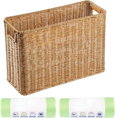 سلة مهملات من الخوص البلاستيكية، سلة مهملات منسوجة مع 60 كيس قمامة، سلة مهملات الحمام البنية، سلة مهملات كبيرة، سلة مهملات ضيقة ضيقة لمكتب الغسيل (15 * 6 * 10 بوصة) in Kuwait