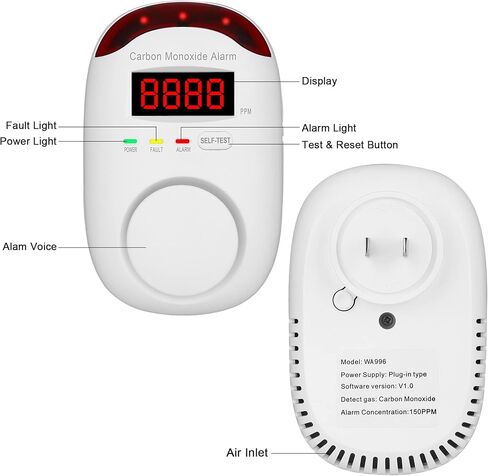 قم بتوصيل أجهزة كشف أول أكسيد الكربون، إنذار ثاني أكسيد الكربون على الحائط مع شاشة رقمية صوتية ومصابيح LED دقيقة وسهلة القراءة، إنذار مراقبة ثاني أكسيد الكربون Vzmcov وزر اختبار في الطابق السفلي للمنزل، المطبخ، المكتب، الفندق، غرفة النوم - قطعتان in Kuwait