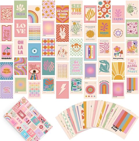 JarThenaAMCS Boho Groovy Wall Collage Kit Preppy صور مجمعة جمالية ملونة مع صندوق هيبي 4 × 6 بوصة مطبوعات ملصق لغرف النوم وغرف النوم مجموعة صور ديكور، 50 قطعة in Kuwait