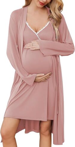Ekouaer Nursing Nightgown and Maternity Robe Set Labor and Delivery Gown | Birthing Gown Robe for Hospital Delivery, Maternity Nursing Dress Breastfeeding Nightgown, V Neck Lace Postpartum Clothes in Saudi Arabia