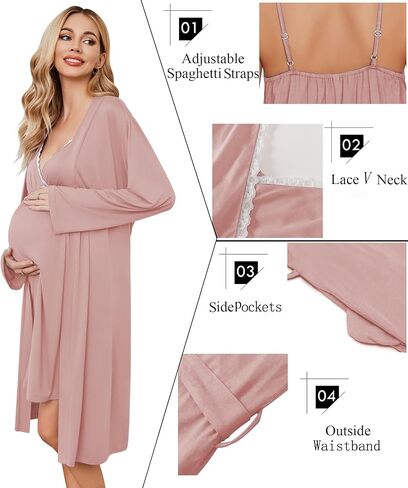 Ekouaer Nursing Nightgown and Maternity Robe Set Labor and Delivery Gown | Birthing Gown Robe for Hospital Delivery, Maternity Nursing Dress Breastfeeding Nightgown, V Neck Lace Postpartum Clothes in Saudi Arabia