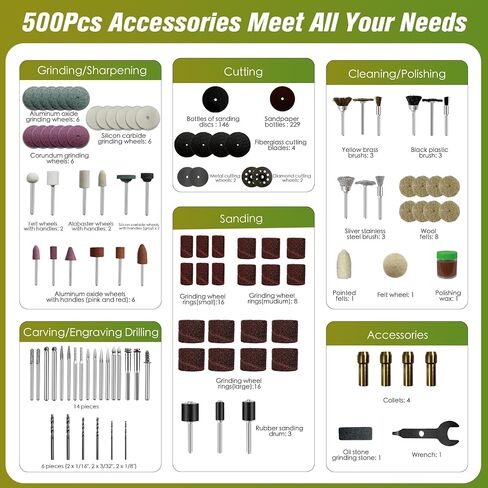 مجموعة ملحقات الأدوات الدوارة، 500 قطعة من قطع الملحقات، سيقان بقطر 1/8 بوصة (3.2 مم)، رؤوس أدوات دوارة لسهولة القطع والصنفرة والطحن والنحت والتلميع والحفر والنقش in Kuwait