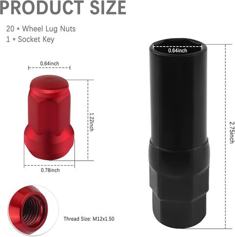 20PCS Lug Nuts Set Wheel Lug Nuts Replacement,M12x1.5 Lug Nuts with 7 Spline Lug Nut Key Secure Wheel,Wheel Lock Removal Kit Compatible with Chevrole,Ford,Toyota,Honda (Red) in Saudi Arabia