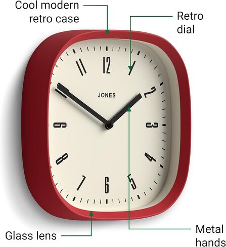 JONES CLOCKS Retro Square Wall Clock in Acrylic, The 'Marvel' in Grey, 25 x 25 x 5cm in Kuwait