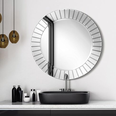 مرآة حائط دائرية مشطوفة حديثة من Empire Art Direct للزينة والحمام، إطار خشبي صلب، مركز مشطوف 0.75 بوصة، جاهز للتعليق، 32 بوصة × 32 بوصة، شفاف in Saudi Arabia