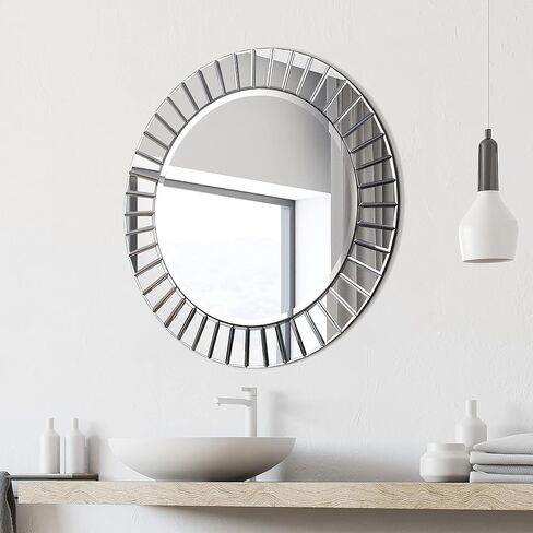 مرآة حائط دائرية مشطوفة حديثة من Empire Art Direct للزينة والحمام، إطار خشبي صلب، مركز مشطوف 0.75 بوصة، جاهز للتعليق، 32 بوصة × 32 بوصة، شفاف in Saudi Arabia