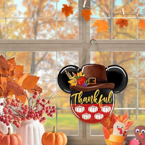 deroro الخريف الشكر الشكر الكرتون الفأر علامة الباب الأمامي، الخريف اليقطين الخشب باب شماعات في الهواء الطلق ديكور الشرفة الخارجية، إكليل خشبي موسمي داخلي الجدار شنقا الديكور in Kuwait