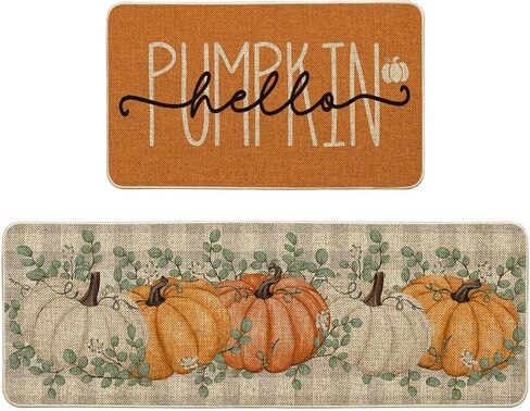 Artoid Mode Orange Buffalo Plaid Hello Pumpkin Eucalyptus Fall المطبخ الحصير مجموعة من 2، ديكور المنزل سجاد المطبخ منخفضة المستوى للأرضية - 17x29 و17x47 بوصة in Kuwait