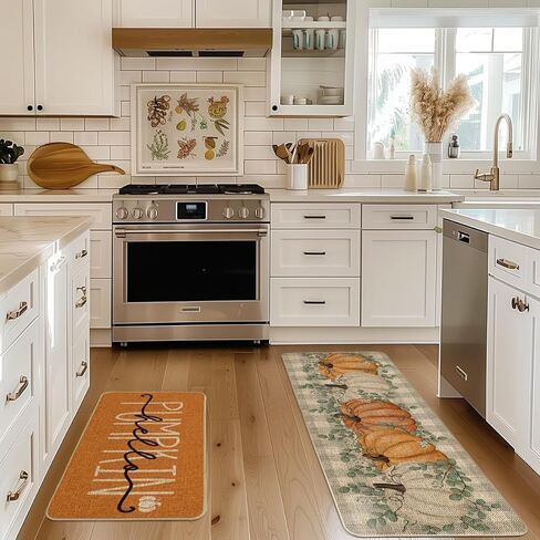 Artoid Mode Orange Buffalo Plaid Hello Pumpkin Eucalyptus Fall المطبخ الحصير مجموعة من 2، ديكور المنزل سجاد المطبخ منخفضة المستوى للأرضية - 17x29 و17x47 بوصة in Kuwait