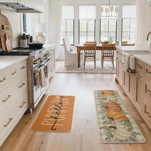 Artoid Mode Orange Buffalo Plaid Hello Pumpkin Eucalyptus Fall المطبخ الحصير مجموعة من 2، ديكور المنزل سجاد المطبخ منخفضة المستوى للأرضية - 17x29 و17x47 بوصة in Kuwait
