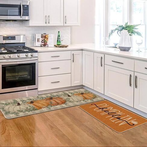 Artoid Mode Orange Buffalo Plaid Hello Pumpkin Eucalyptus Fall المطبخ الحصير مجموعة من 2، ديكور المنزل سجاد المطبخ منخفضة المستوى للأرضية - 17x29 و17x47 بوصة in Kuwait