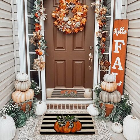 GEEORY Fall Door Mat, 17x29 Inch Pumpkin Stripe Bowknot Door Mats Decorative Thanksgiving Farmhouse Home Floor Rug, Indooor & Outdoor Entrance Decor (Striped) GK058 in Kuwait