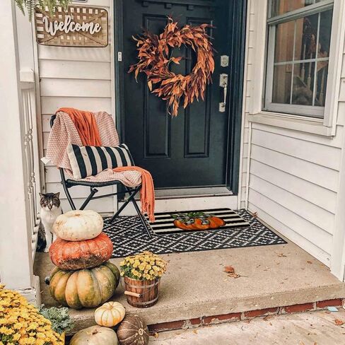 GEEORY Fall Door Mat, 17x29 Inch Pumpkin Stripe Bowknot Door Mats Decorative Thanksgiving Farmhouse Home Floor Rug, Indooor & Outdoor Entrance Decor (Striped) GK058 in Kuwait