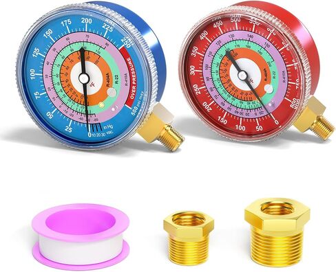 MEANLIN MEASURE Refrigeration Pressure Gauge, 1/8"NPT, 0-800Psi, 2-3/4" Dial, R-404A, R-22, R-410A, Degree F, with 1/8" x 1/4" NPT and 1/8" x 3/8" NPT Hex Bushing, Red Dial, Lower Mount in Saudi Arabia