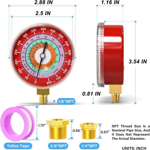 MEANLIN MEASURE Refrigeration Pressure Gauge, 1/8"NPT, 0-800Psi, 2-3/4" Dial, R-404A, R-22, R-410A, Degree F, with 1/8" x 1/4" NPT and 1/8" x 3/8" NPT Hex Bushing, Red Dial, Lower Mount in Saudi Arabia