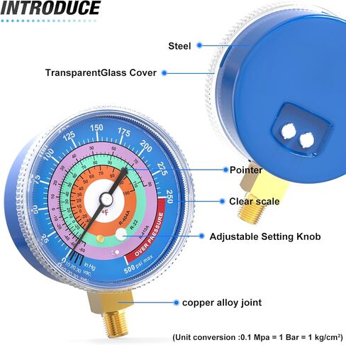 MEANLIN MEASURE Refrigeration Pressure Gauge, 1/8"NPT, 0-800Psi, 2-3/4" Dial, R-404A, R-22, R-410A, Degree F, with 1/8" x 1/4" NPT and 1/8" x 3/8" NPT Hex Bushing, Red Dial, Lower Mount in Saudi Arabia
