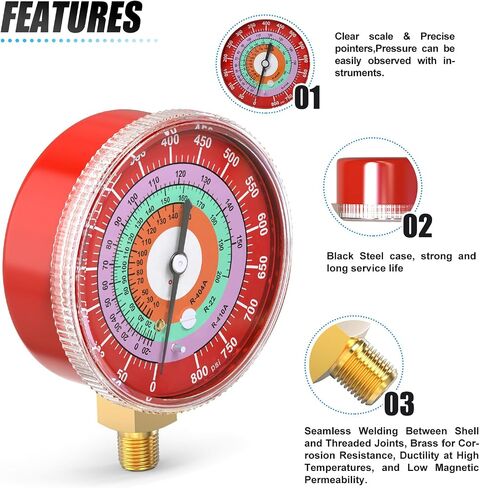 MEANLIN MEASURE Refrigeration Pressure Gauge, 1/8"NPT, 0-800Psi, 2-3/4" Dial, R-404A, R-22, R-410A, Degree F, with 1/8" x 1/4" NPT and 1/8" x 3/8" NPT Hex Bushing, Red Dial, Lower Mount in Saudi Arabia