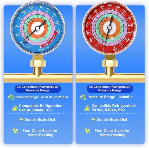 MEANLIN MEASURE Refrigeration Pressure Gauge, 1/8"NPT, 0-800Psi, 2-3/4" Dial, R-404A, R-22, R-410A, Degree F, with 1/8" x 1/4" NPT and 1/8" x 3/8" NPT Hex Bushing, Red Dial, Lower Mount in Saudi Arabia