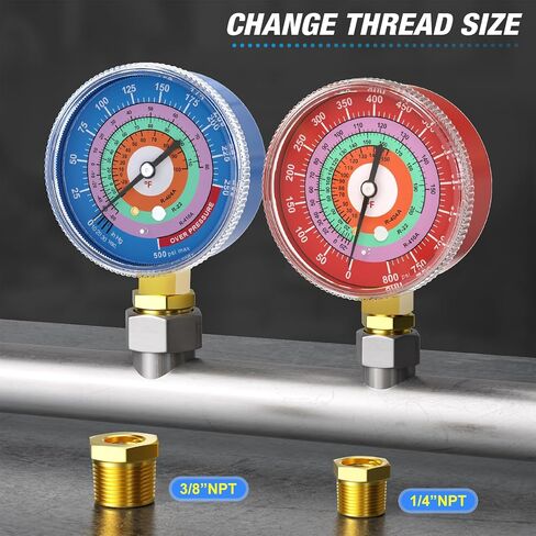 MEANLIN MEASURE Refrigeration Pressure Gauge, 1/8"NPT, 0-800Psi, 2-3/4" Dial, R-404A, R-22, R-410A, Degree F, with 1/8" x 1/4" NPT and 1/8" x 3/8" NPT Hex Bushing, Red Dial, Lower Mount in Saudi Arabia