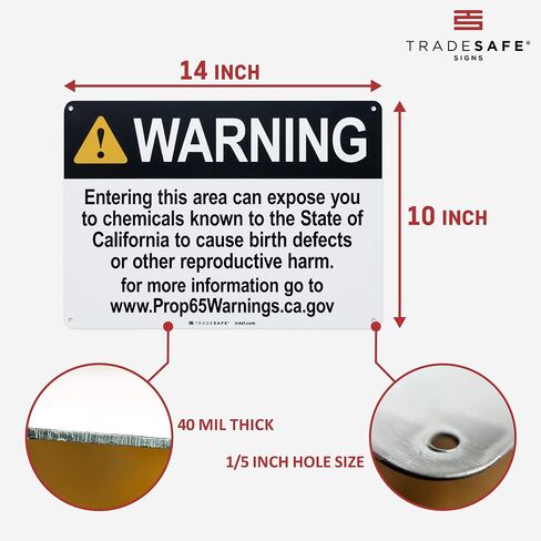 TRADESAFE Prop 65 Cancer and Reproductive Harm Warning Signs, Quick Install Aluminum Safety Sign, Light Reflective, UV-Resistant, Waterproof Signs for Business, 14" X 10" Proposition 65 Sign in Kuwait