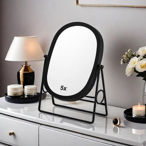 JOYOEIKON 5X Magnifying Makeup Mirror Table Mirror with Stand Countertop Mirror 2 Sided with Magnification 360° Rotation Vanity Cosmetic Mirror (Black) in Saudi Arabia