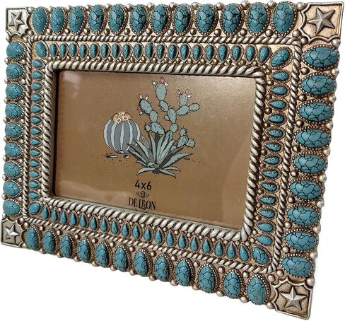 De Leon Collections 14250 Star Vintage Ornate Turquoise and Silver Tone 8.75 Inch Polyresin and Glass Western Southwest Decorative Home Décor Picture Photo Frame Holds a 4 x 6 Inch Photo in Saudi Arabia