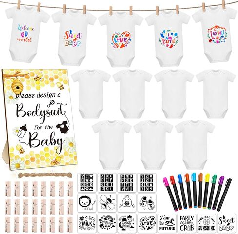 Silicherry 64 Pcs Baby Shower Games Bodysuit Design Games Include 1 Game Wooden Sign 12 Newborn Bodysuit 10 Fabric Markers 24 Clothespins 16 Stencils 1 Hemp Rope for Baby Shower Gender Reveal Party in Kuwait