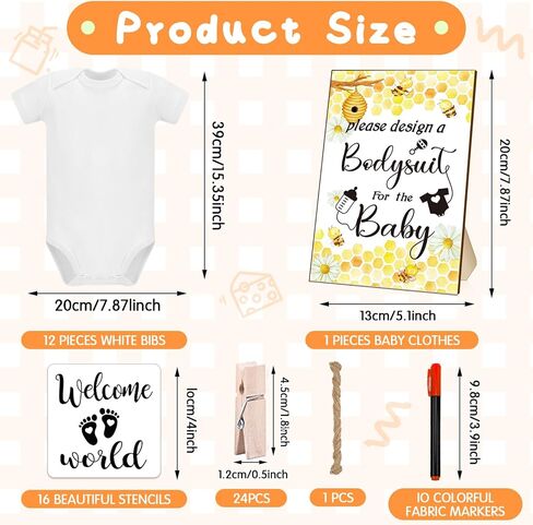 Silicherry 64 Pcs Baby Shower Games Bodysuit Design Games Include 1 Game Wooden Sign 12 Newborn Bodysuit 10 Fabric Markers 24 Clothespins 16 Stencils 1 Hemp Rope for Baby Shower Gender Reveal Party in Kuwait