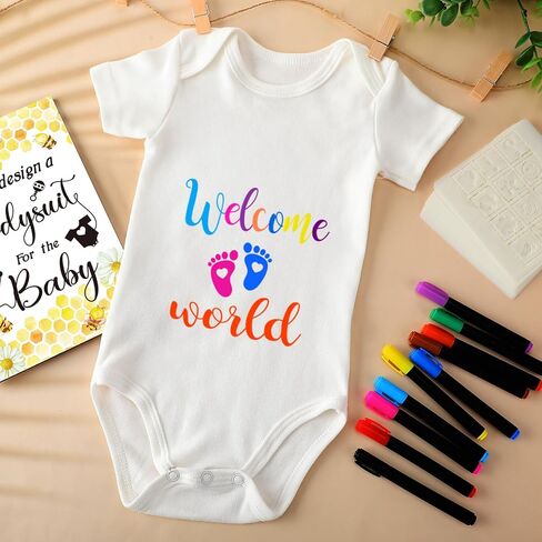 Silicherry 64 Pcs Baby Shower Games Bodysuit Design Games Include 1 Game Wooden Sign 12 Newborn Bodysuit 10 Fabric Markers 24 Clothespins 16 Stencils 1 Hemp Rope for Baby Shower Gender Reveal Party in Kuwait