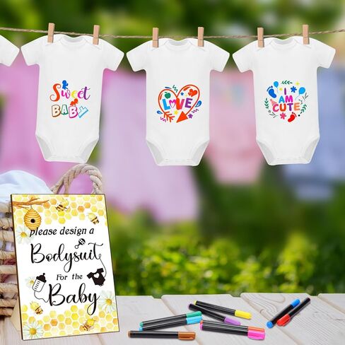 Silicherry 64 Pcs Baby Shower Games Bodysuit Design Games Include 1 Game Wooden Sign 12 Newborn Bodysuit 10 Fabric Markers 24 Clothespins 16 Stencils 1 Hemp Rope for Baby Shower Gender Reveal Party in Kuwait