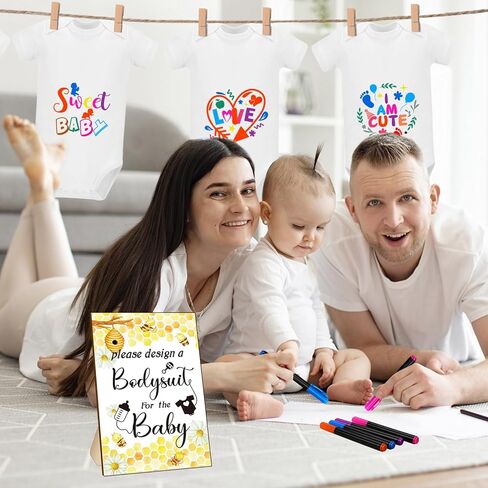 Silicherry 64 Pcs Baby Shower Games Bodysuit Design Games Include 1 Game Wooden Sign 12 Newborn Bodysuit 10 Fabric Markers 24 Clothespins 16 Stencils 1 Hemp Rope for Baby Shower Gender Reveal Party in Kuwait