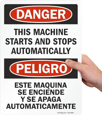 "Danger - This Machine Starts And Stops Automatically" Bilingual Label By SmartSign | 10" x 14" Laminated Vinyl in Saudi Arabia