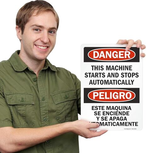 "Danger - This Machine Starts And Stops Automatically" Bilingual Label By SmartSign | 10" x 14" Laminated Vinyl in Saudi Arabia